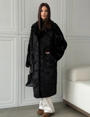 Черная шуба из каракуля с норкой