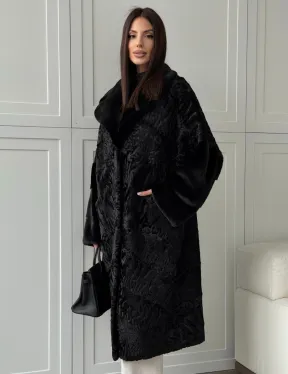 Черная шуба из каракуля с норкой