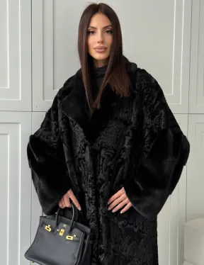 Черная шуба из каракуля с норкой