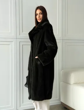 Темная норковая шуба в росшив - английский воротник 