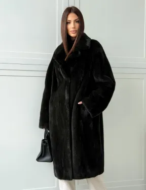 Темная норковая шуба в росшив - английский воротник 