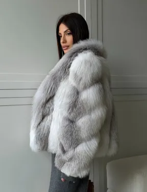 Полушубок из белой лисы, рукава - косички