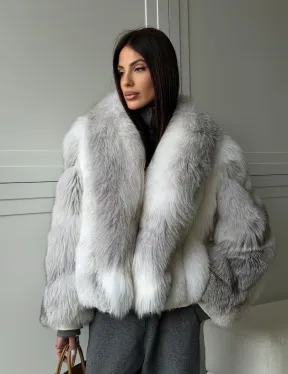 Полушубок из белой лисы, рукава - косички