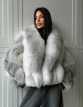 Полушубок из белой лисы, рукава - косички