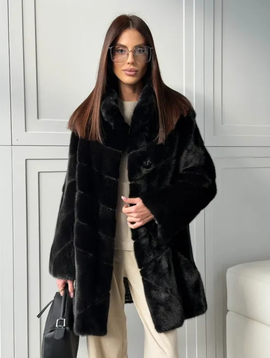 Черная норковая шуба - стойка воротник