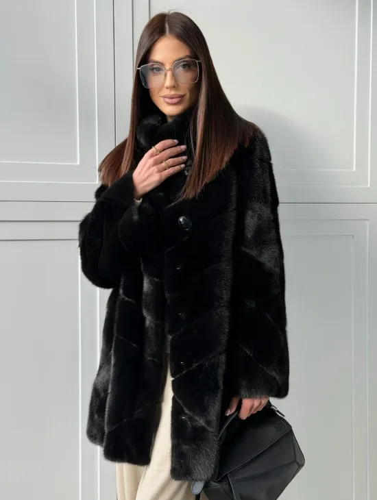 Черная норковая шуба - стойка воротник