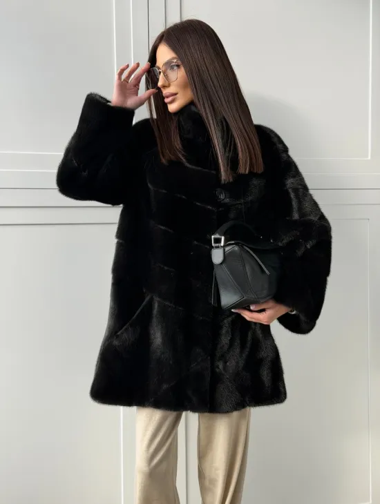 Черная норковая шуба - стойка воротник
