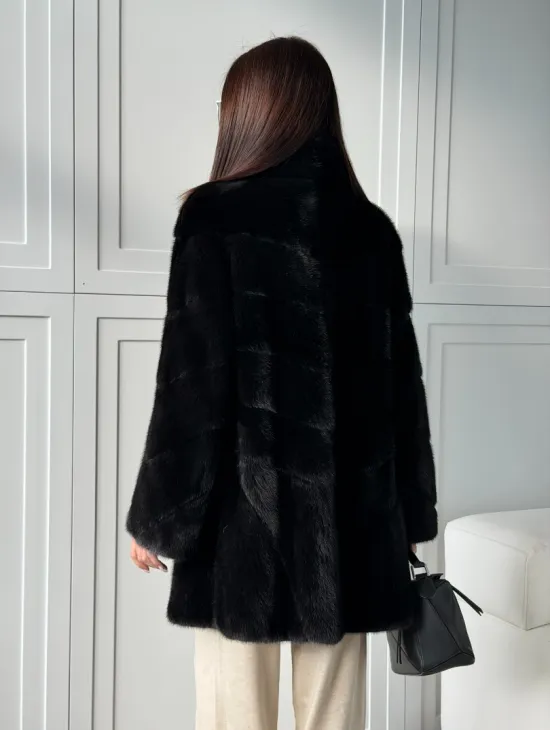 Черная норковая шуба - стойка воротник