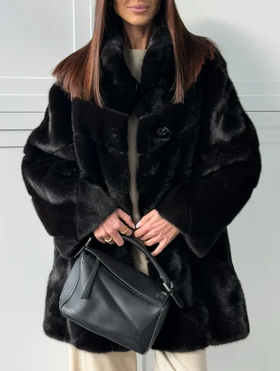 Черная норковая шуба - стойка воротник