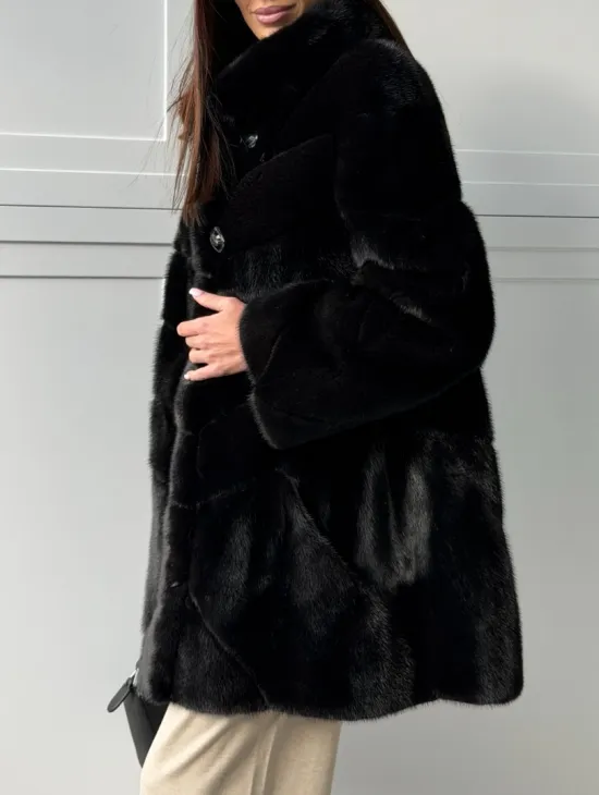 Черная норковая шуба - стойка воротник
