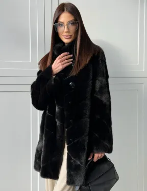 Черная норковая шуба - стойка воротник