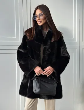 Черная норковая шуба - стойка воротник