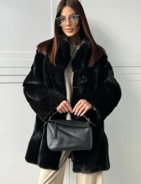 Черная норковая шуба - стойка воротник