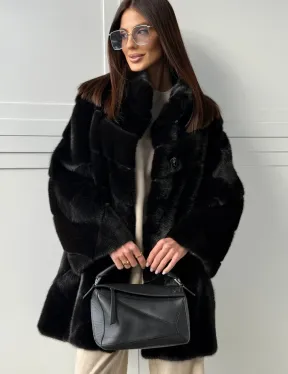 Черная норковая шуба - стойка воротник