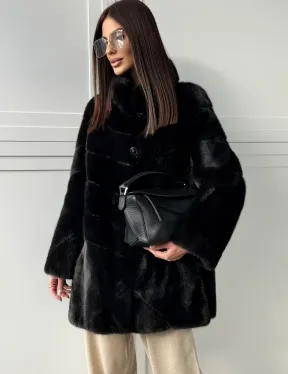 Черная норковая шуба - стойка воротник