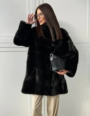 Черная норковая шуба - стойка воротник