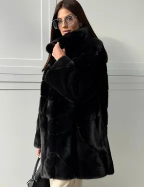 Черная норковая шуба - стойка воротник
