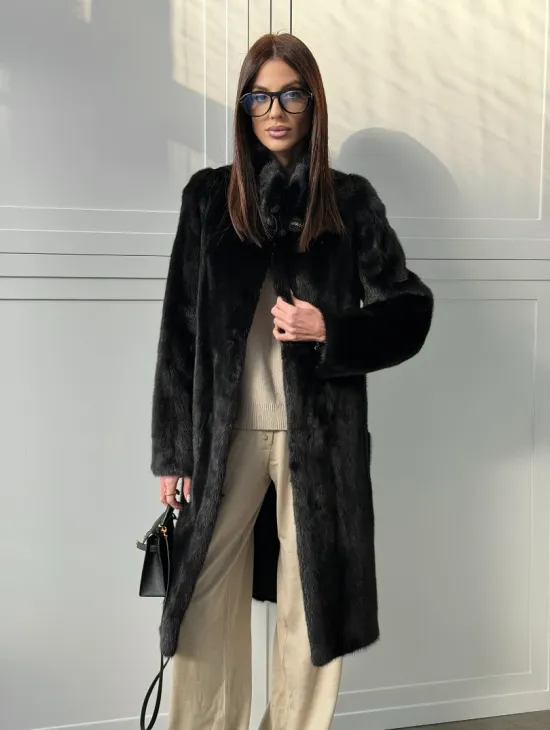 Черная норковая шуба - воротник стойка