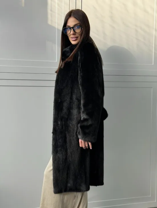 Черная норковая шуба - воротник стойка