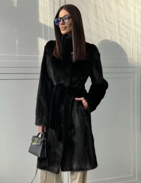 Черная норковая шуба - воротник стойка
