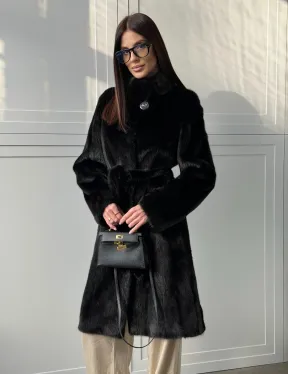 Черная норковая шуба - воротник стойка