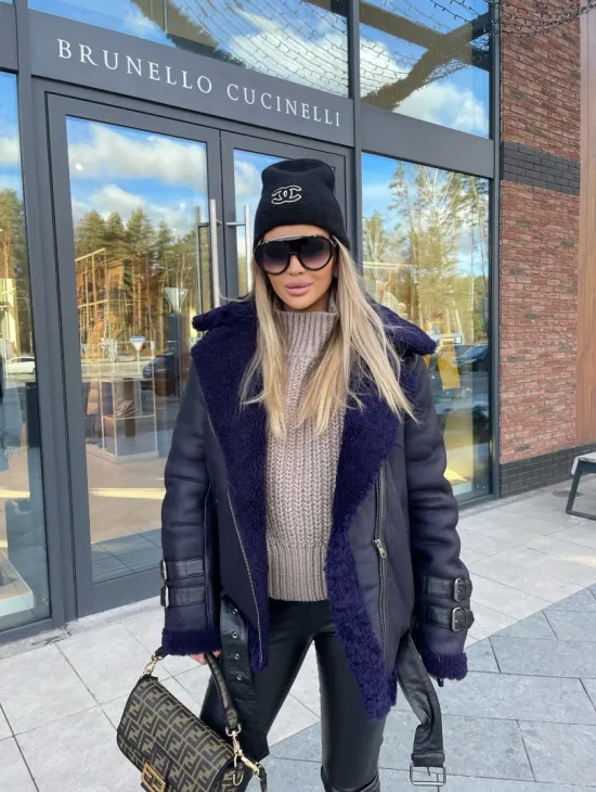 Авиатор из натуральной овчины в синем цвете