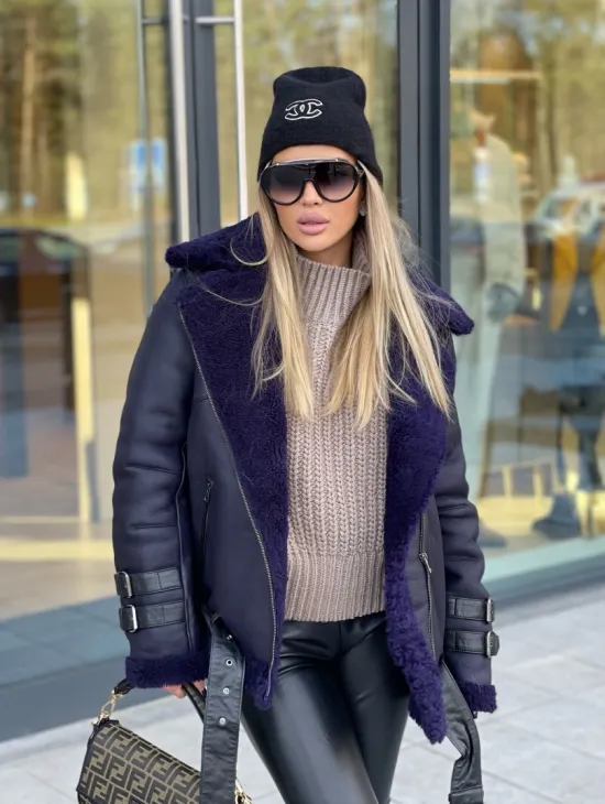 Авиатор из натуральной овчины в синем цвете