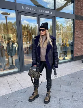 Авиатор из натуральной овчины в синем цвете