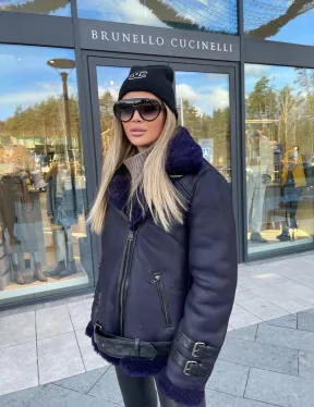 Авиатор из натуральной овчины в синем цвете