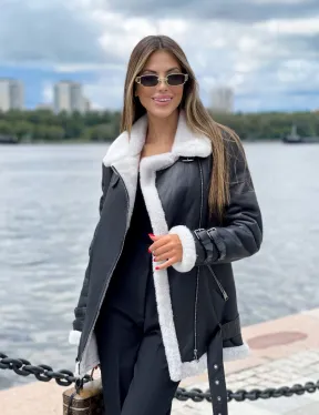 Черный авиатор на белой овчине