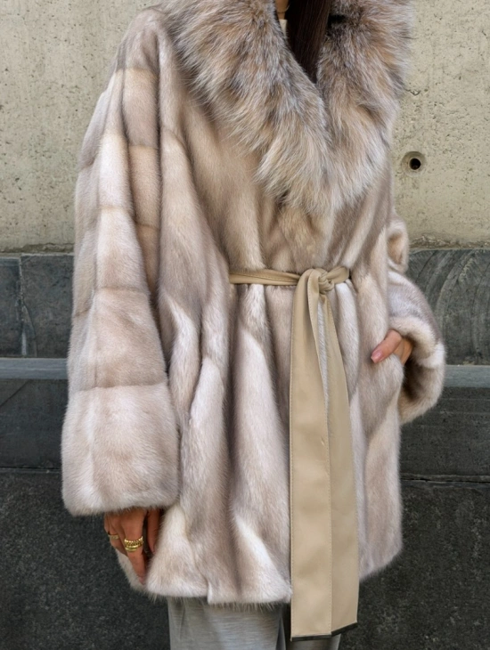 Норковая шуба oversize с капюшоном из рыси - фото 5
