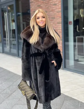 Норковая шуба с капюшоном из меха соболя  седена 1/2