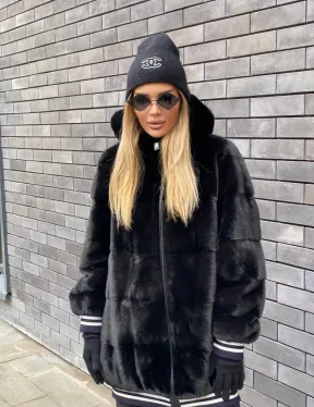 Удлиненный бомбер из меха скандинавской норки с капюшоном на молнии