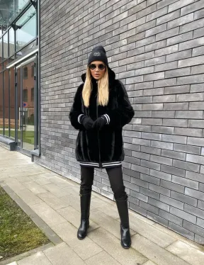 Удлиненный бомбер из меха скандинавской норки с капюшоном на молнии