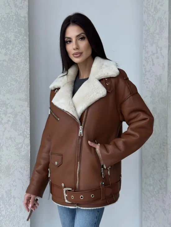 Дубленка авиатор из натуральной кожи в цвете виски