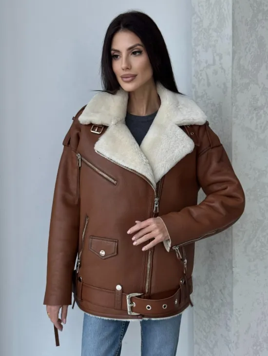Дубленка авиатор из натуральной кожи в цвете виски