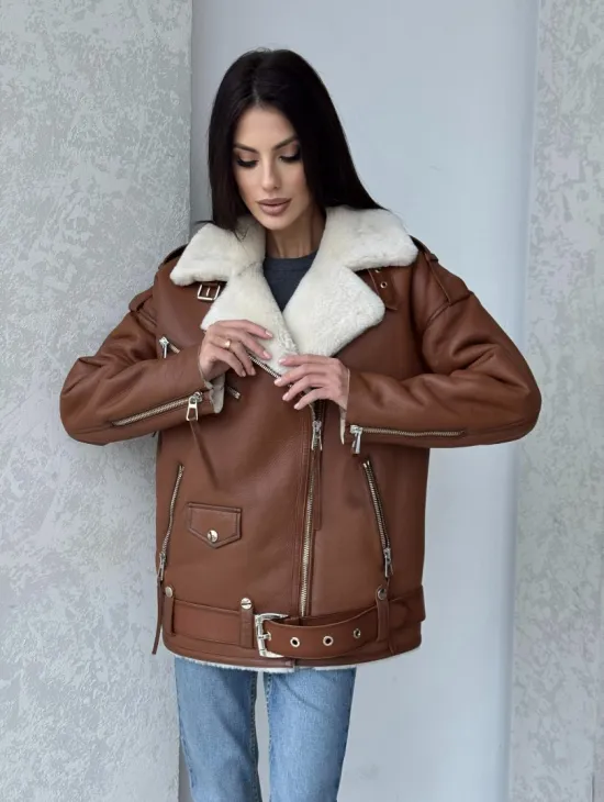 Дубленка авиатор из натуральной кожи в цвете виски