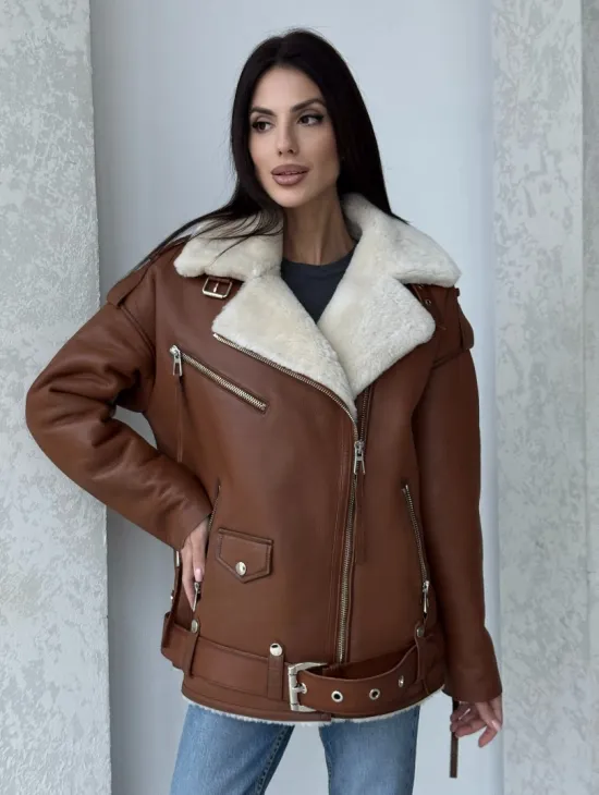 Дубленка авиатор из натуральной кожи в цвете виски