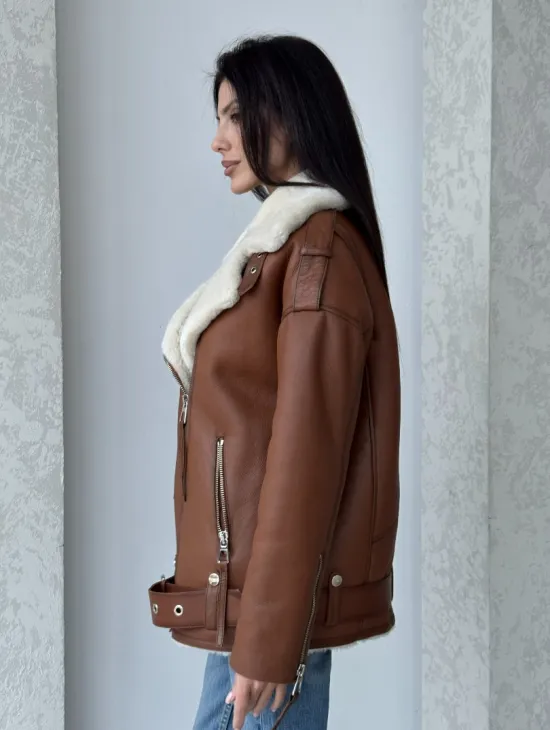 Дубленка авиатор из натуральной кожи в цвете виски