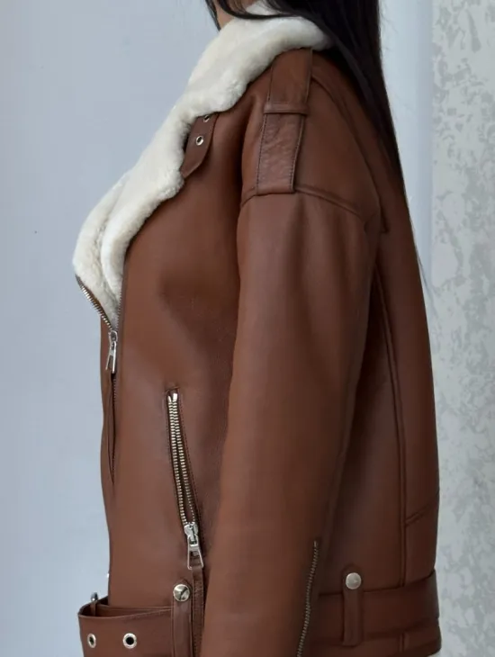 Дубленка авиатор из натуральной кожи в цвете виски