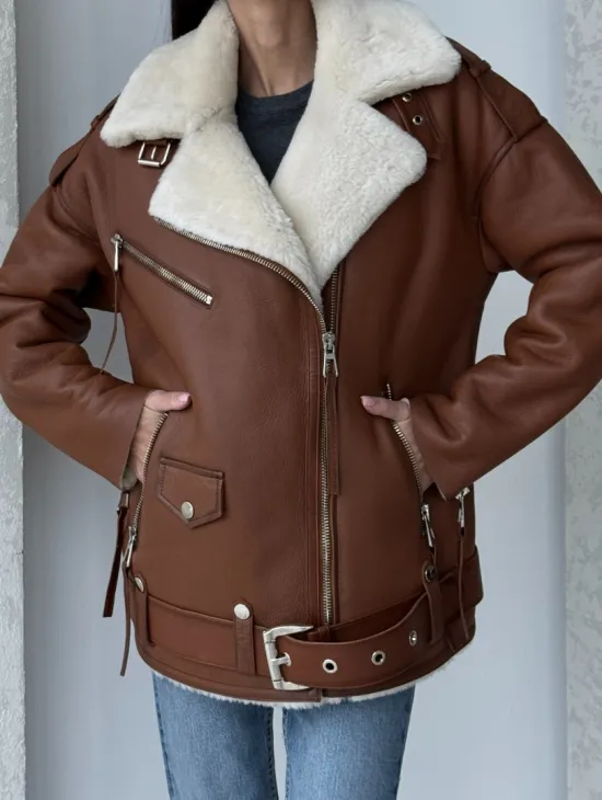 Дубленка авиатор из натуральной кожи в цвете виски