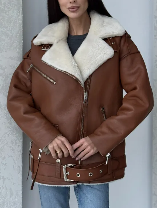 Дубленка авиатор из натуральной кожи в цвете виски