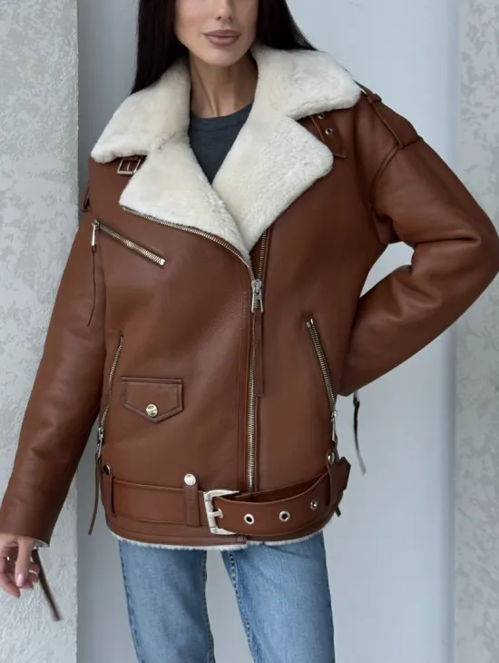 Дубленка авиатор из натуральной кожи в цвете виски