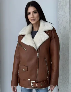 Дубленка авиатор из натуральной кожи в цвете виски