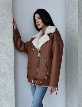 Дубленка авиатор из натуральной кожи в цвете виски