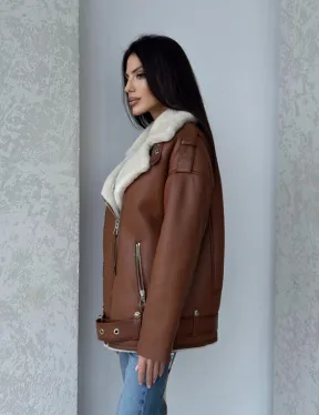 Дубленка авиатор из натуральной кожи в цвете виски