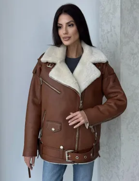 Дубленка авиатор из натуральной кожи в цвете виски