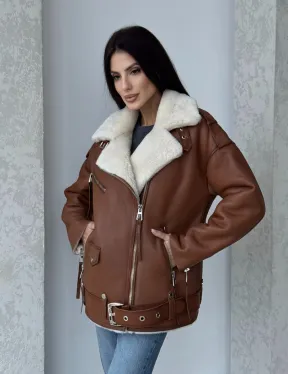 Дубленка авиатор из натуральной кожи в цвете виски