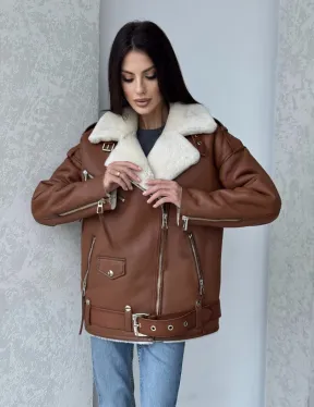 Дубленка авиатор из натуральной кожи в цвете виски