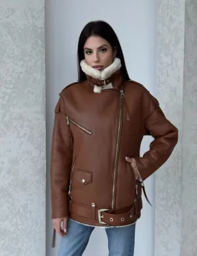 Дубленка авиатор из натуральной кожи в цвете виски